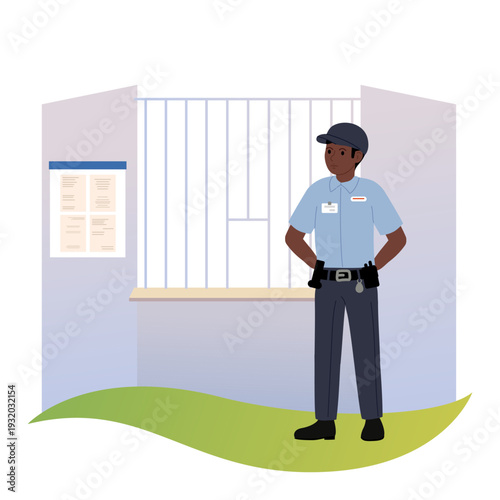 African-American policeman at his workplace, at police station. Man in policeman's uniform on background of grid