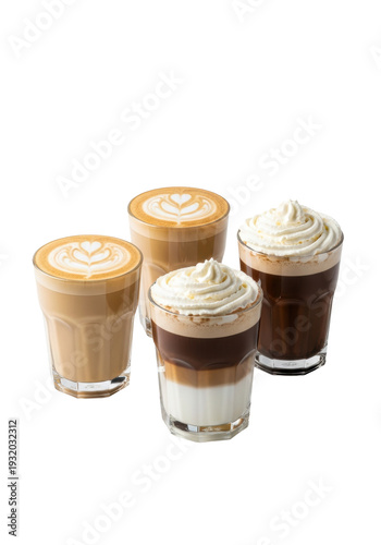 Four artisanal flat white and mocha coffees in crystal glasses with visible layers and latte art on a transparent background. Concept for beverage advertising