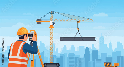 A surveyor wearing a hard hat and safety vest uses a total station on a construction site with a crane lifting a steel beam and a city skyline in the background.