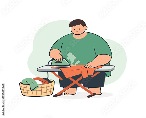 Evening person stands by an ironing board smoothing a shirt, light steam rising, laundry basket nearby, calm room around. |