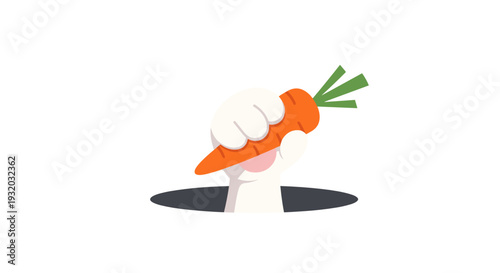 Cartoon hand holding carrot emerging from a hole in white background  