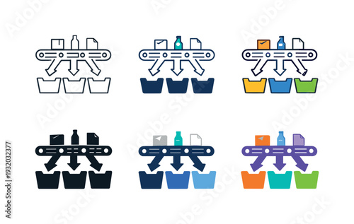Organized material sorting icon featuring items traveling along separate conveyor paths into bins, symbolizing workflow