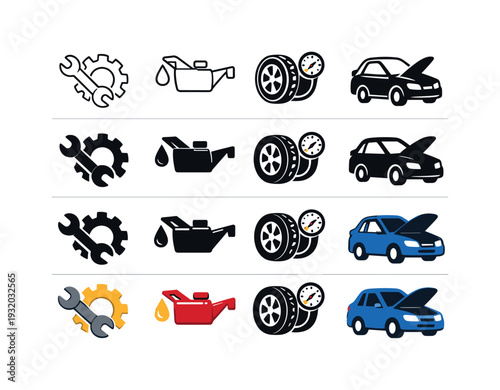 Set of car service icons including wrench, oil can, tire pressure, and car with hood open