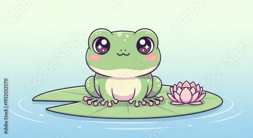 Cartoon Green Frog on Lily Pad.