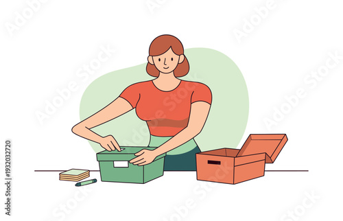 Inside person labels storage boxes methodically, arms reaching forward, lids open, workspace uncluttered. | labeling boxes,