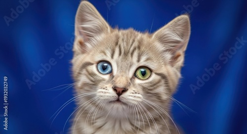 Adorable Kitten with Heterochromia Eyes on Blue Background.