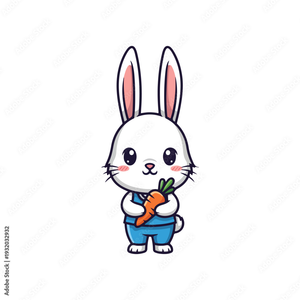 Obraz premium Cute White Rabbit Character Holding a Carrot, Adorable Bunny Mascot Wearing Blue Shirt, Lovely Pet Animal Vector Illustration Isolated on White Background
