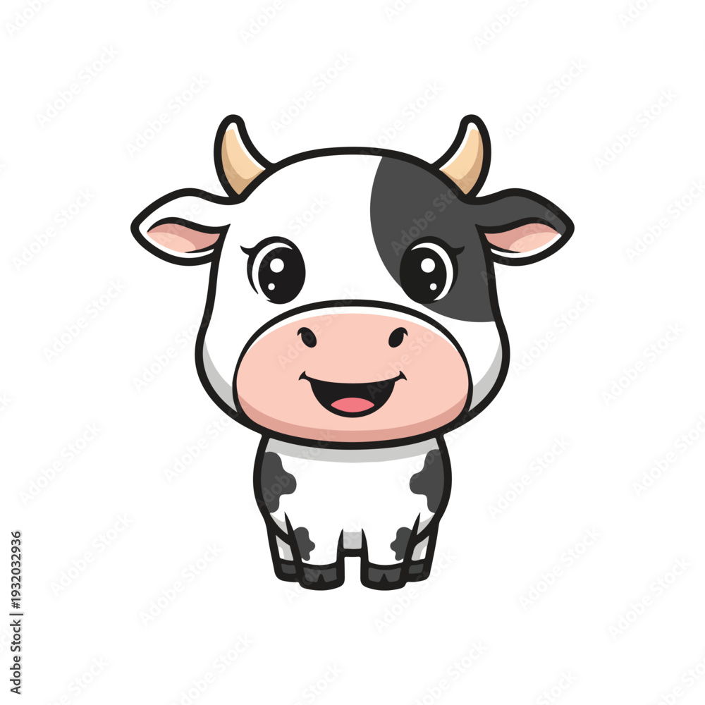 Fototapeta premium Cute Baby Cow Character Smiling, Adorable Little Calf Mascot with Black and White Spots, Lovely Farm Animal Vector Illustration Isolated on White Background