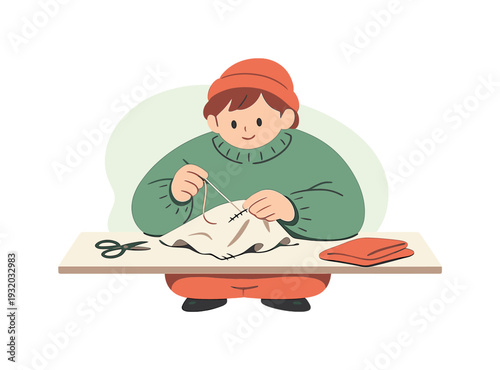 Cozy person mends torn fabric with needle and thread at a table, careful stitches forming, scissors and cloth nearby. | mending