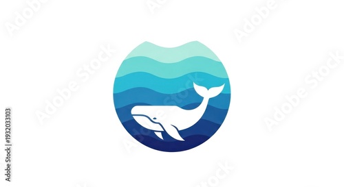 White Whale Silhouette in Blue Ocean Circle.