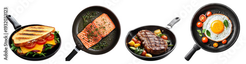 Delicious Meal Preparation with Various Ingredients in Frying Pans, Isolated on Transparent Background
