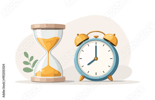 Hourglass and alarm clock side-by-side, representing the passage of time and punctuality