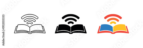 Remote education scene showing an open book with wireless signal waves rising from its pages, fully visible and centered as the