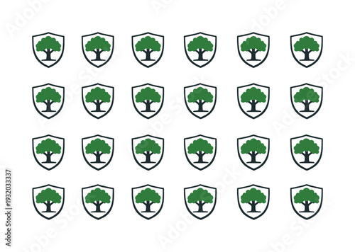 Nature defense context depicted by a mature tree with full canopy and straight trunk simplified into a single clear symbol,