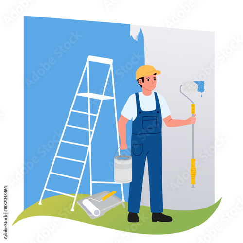 Wall Painter stands with his tools at workplace against background of blue unpainted wall. Flat vector illustration