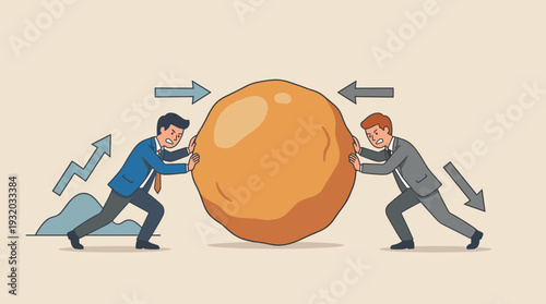 Business Competition Concept with Two Businessmen Pushing a Large Boulder Against Each Other, Symbolizing Corporate Rivalry, Leadership Conflict, Market Struggle, and Professional Opposition.