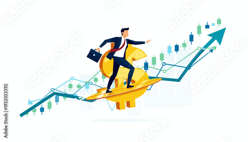 Businessman in a suit surfing on a golden dollar sign surfboard over an upward trending financial stock market chart with candlestick graphs and a blue arrow, symbolizing investment success.