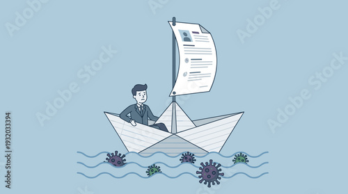 Sad businessman in a paper boat with a CV sail floating on water with virus cells, metaphor for job hunting, unemployment, and economic struggle during the COVID-19 pandemic health crisis.