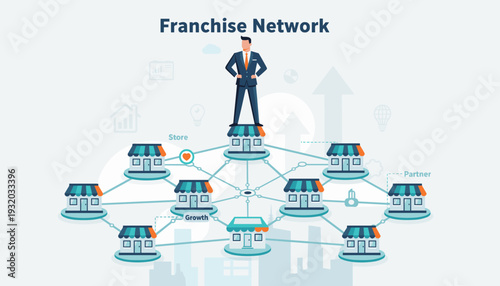 Businessman standing on top of a successful franchise network of retail stores. Concept of business expansion, global partnership, and corporate growth strategy in a flat vector illustration.