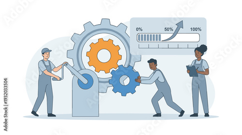 Team of Workers Managing Project Progress with Large Gear Mechanism and Loading Indicator Scale, Concept of Business Efficiency, Industrial Workflow Optimization, and Collaborative Teamwork