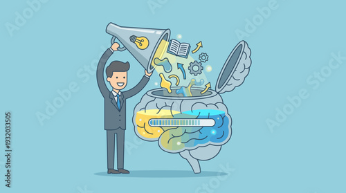 Businessman Pouring Knowledge and Creative Ideas into an Open Human Brain with a Funnel, Concept of Learning, Education, Skill Development, Mental Growth, Training, and Information Processing