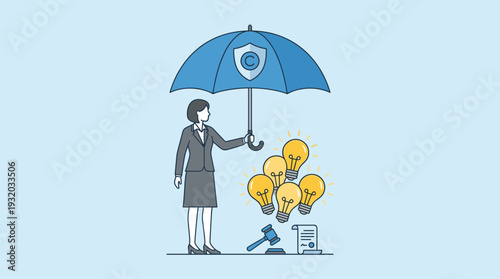 Businesswoman protecting creative ideas with a copyright umbrella over light bulbs, representing intellectual property rights, legal patent protection, and copyright law concept illustration.