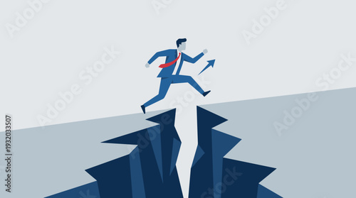 Businessman jumping across a deep abyss, representing business challenge, risk, and courage. Flat vector illustration of overcoming obstacles, achieving goals, and professional empowerment.