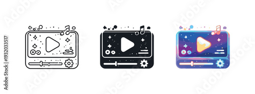 Immersive media universe depicted by a play screen icon with glowing controls and motion cues visible on a compact display,