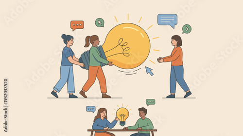 Teamwork and Collaboration Concept with Diverse Women Carrying a Giant Light Bulb as a Metaphor for Idea Exchange, Brainstorming, Innovation, and Creative Problem Solving in a Business Setting.