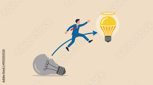 Businessman jumping from a broken incandescent lightbulb to a new glowing LED bulb, representing change management, innovation, transition to better ideas, and business growth strategy.