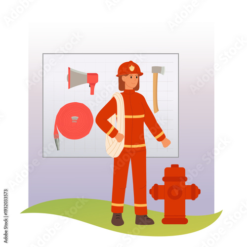 Firefighter girl in red protective suit near fire shield with fire extinguishing equipment. Firefighter at his workplace