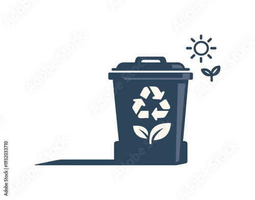 Recycling bin with a plant sprout and sun icon symbolizing environmental sustainability and growth