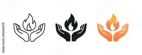 Continuity of belief expressed through a sacred ritual symbol combining hands and flame in calm balance, three identical icons