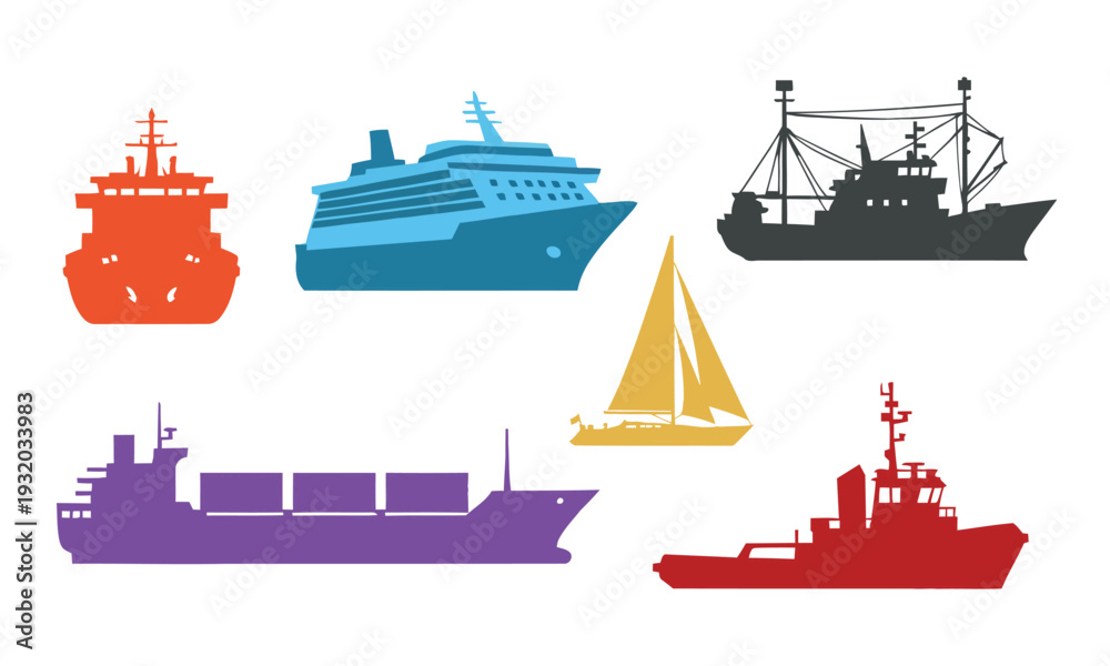 Obraz premium Flat design vector illustrations of diverse sea vessels. Collection includes cargo ships, cruise liners, fishing boats, sailboats, and tugboats for maritime transport graphics