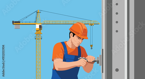 A diligent construction worker in an orange hard hat and blue overalls tightens a bolt on a metal beam at a construction site with a large tower crane in the background.