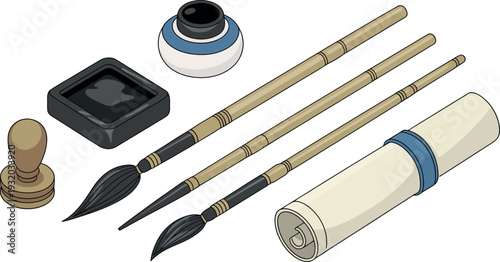An isometric set showcases traditional tools used for Asian calligraphy and painting. The collection includes three brushes, an ink stone, a porcelain pot, a wooden stamp, and a rolled scroll.