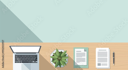 Modern Minimalist Workspace Flat Lay with Laptop, Green Plant, and Business Documents on a Clean Wooden Desk Background for Remote Work and Productivity
