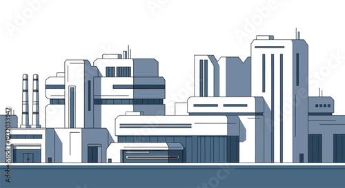 Modern minimalist flat design illustration of an industrial complex. Stylized factory buildings represent production, technology, and urban economic development