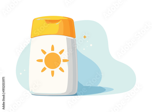 Sunscreen bottle with sun icon, representing protection from UV rays and summer skincare