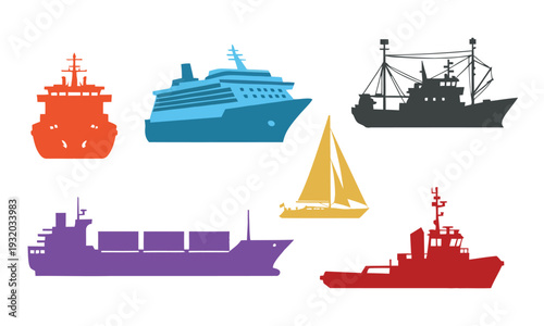 Flat design vector illustrations of diverse sea vessels. Collection includes cargo ships, cruise liners, fishing boats, sailboats, and tugboats for maritime transport graphics