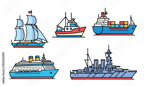 Collection of diverse marine vessels including sailing ships, fishing boats, cargo ships, cruise liners, and warships, showcasing maritime transportation