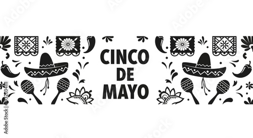 Cinco de Mayo Celebration Banner with Mexican Icons - Black and White
