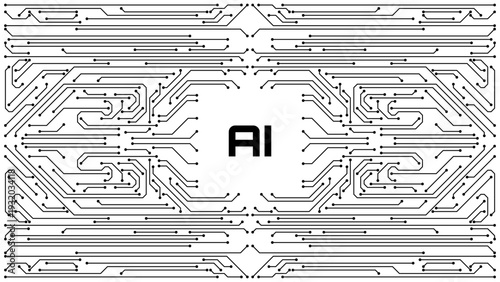 Black AI letters on white background with circuit board pattern. Artificial intelligence technology concept for digital innovation.