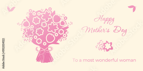 Elegant Mother’s Day greeting card with a pink stylized flower bouquet and soft pastel background. Feminine floral design with copy space for text. Perfect for holiday cards, invitations and posters