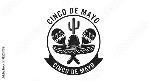 Cinco de Mayo Celebration Emblem with Sombrero, Maracas, and Cactus