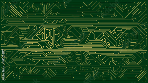 Green electronic circuit board background. Digital computer hardware connection lines. High tech engineering concept for data processing.