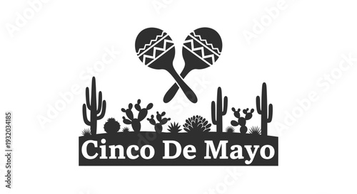Cinco De Mayo Celebration with Maracas and Desert Cacti Silhouette