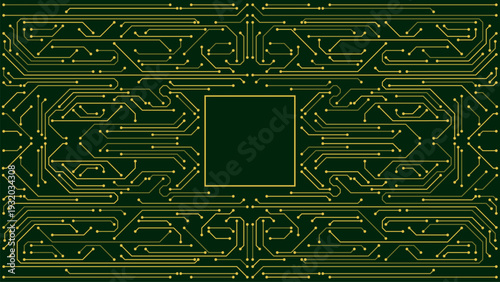 Electronic circuit board computer background with a blank square frame in the center. Printed microprocessor scheme for technology, data, and power concept.