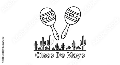 Cinco De Mayo Maracas and Cacti Outline Vector Illustration