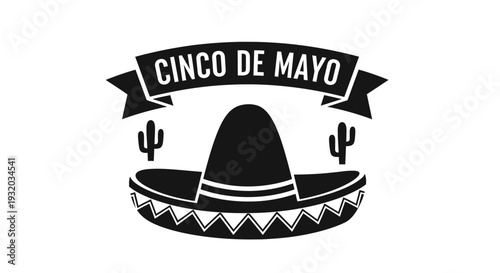 Cinco de Mayo sombrero and cactus illustration, black and white graphic